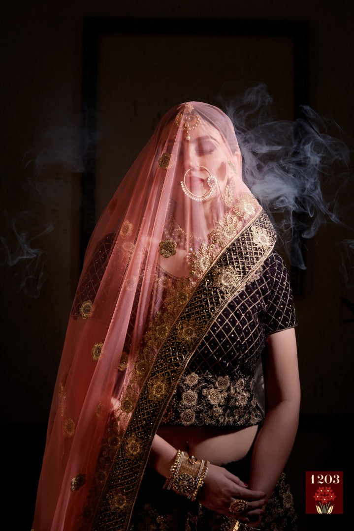 Coffee pure velvet designer heavy embroidered bridal lehenga