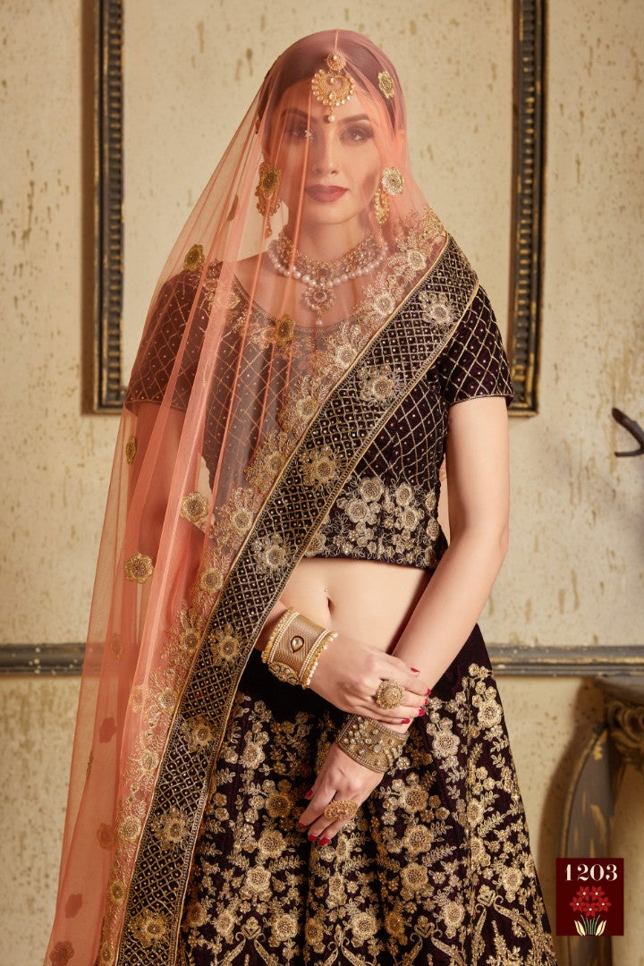 Coffee pure velvet designer heavy embroidered bridal lehenga