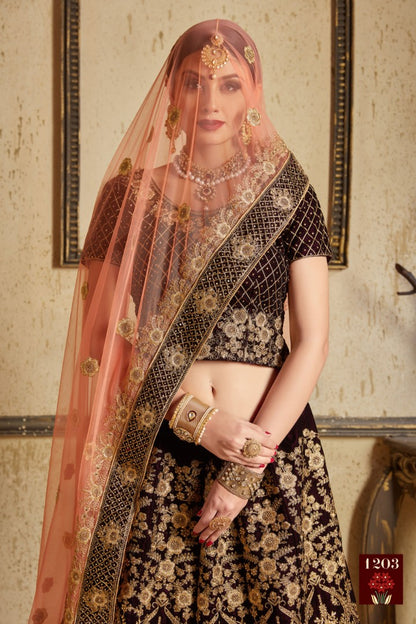 Coffee pure velvet designer heavy embroidered bridal lehenga
