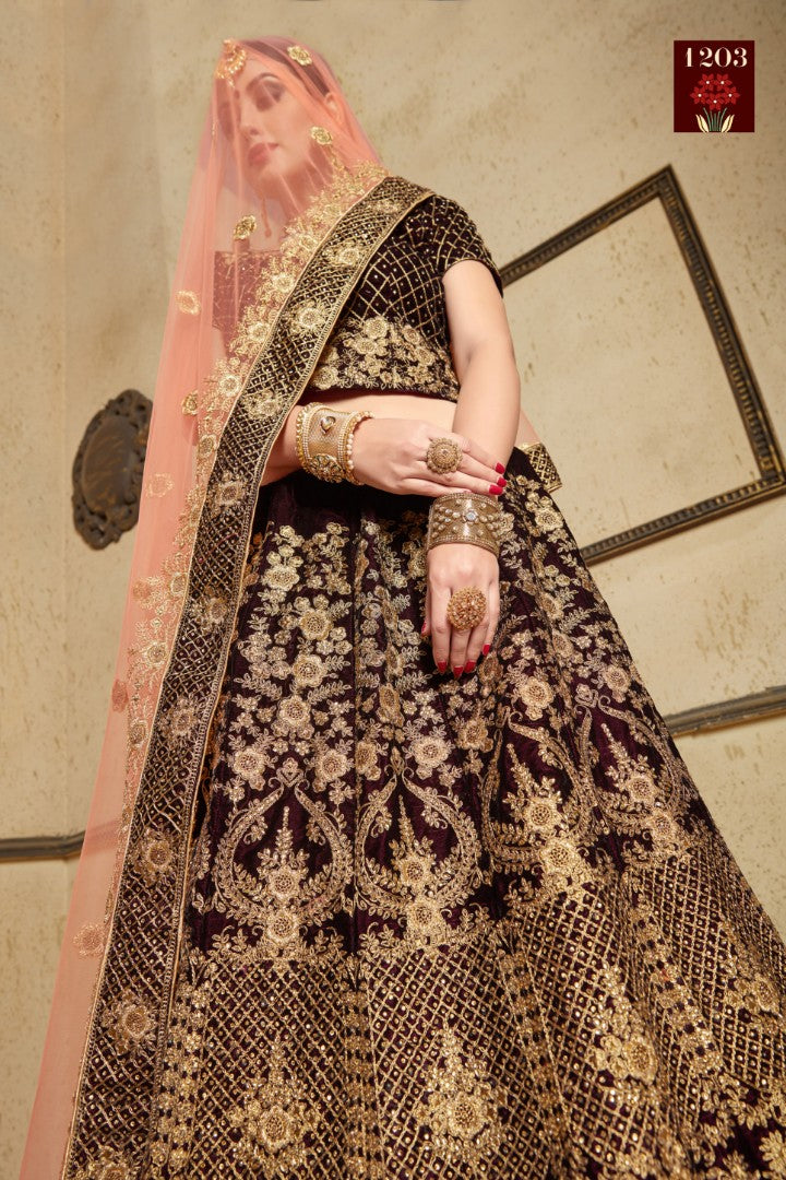 Coffee pure velvet designer heavy embroidered bridal lehenga
