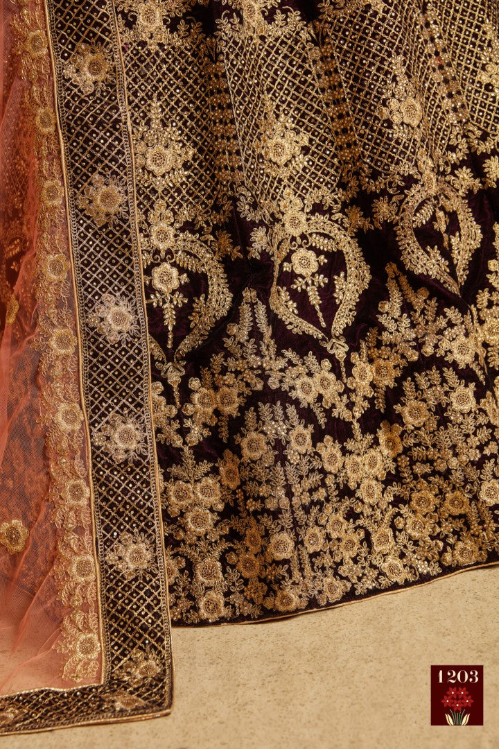 Coffee pure velvet designer heavy embroidered bridal lehenga