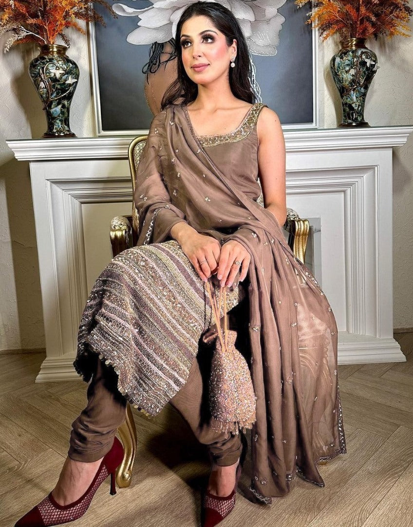 Coffee satin silk thread sequence work party wear pant salwar suit