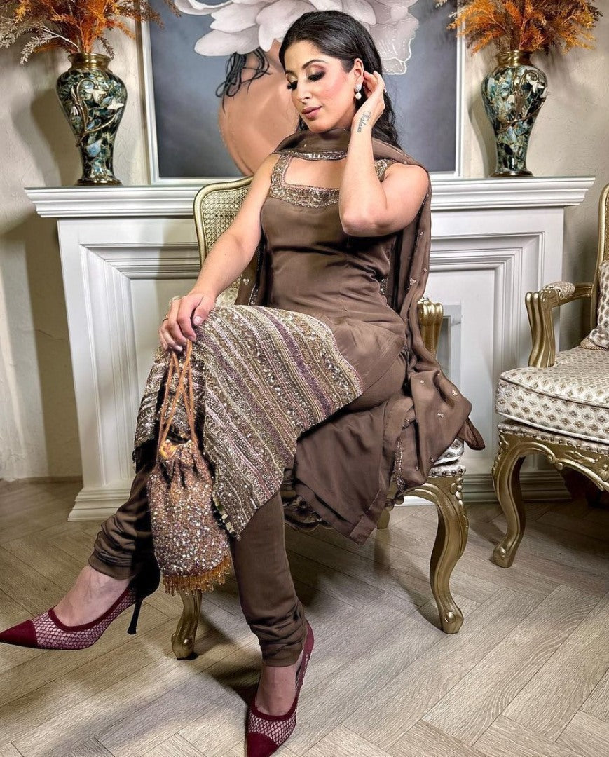Coffee satin silk thread sequence work party wear pant salwar suit