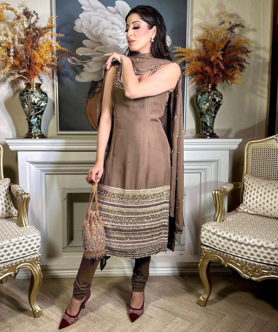 Coffee satin silk thread sequence work party wear pant salwar suit