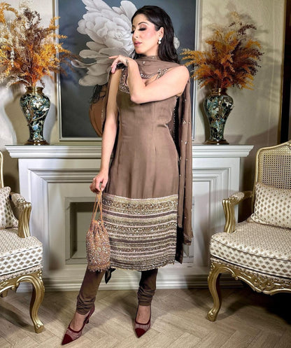 Coffee satin silk thread sequence work party wear pant salwar suit