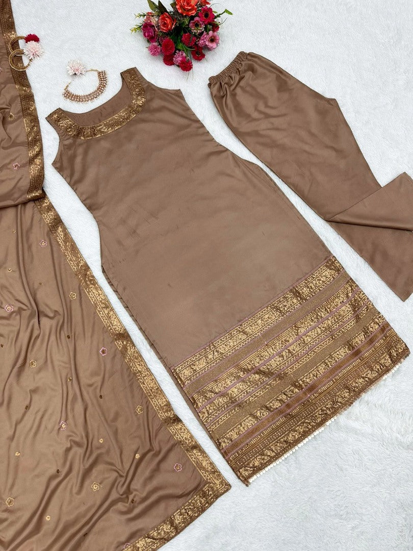Coffee satin silk thread sequence work party wear pant salwar suit
