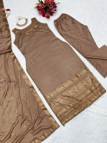 Coffee satin silk thread sequence work party wear pant salwar suit