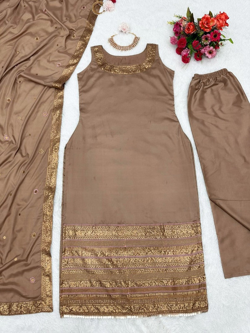 Coffee satin silk thread sequence work party wear pant salwar suit