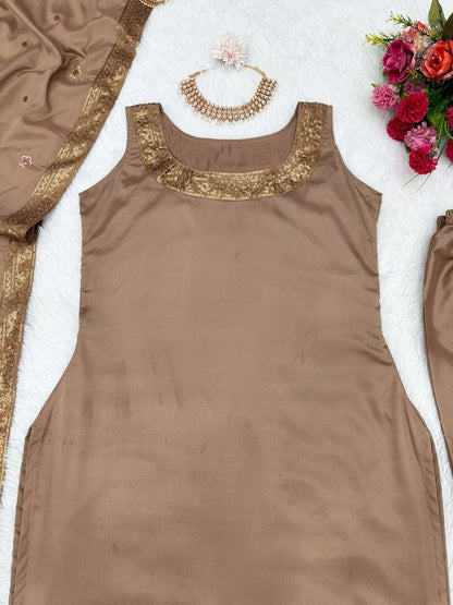 Coffee satin silk thread sequence work party wear pant salwar suit