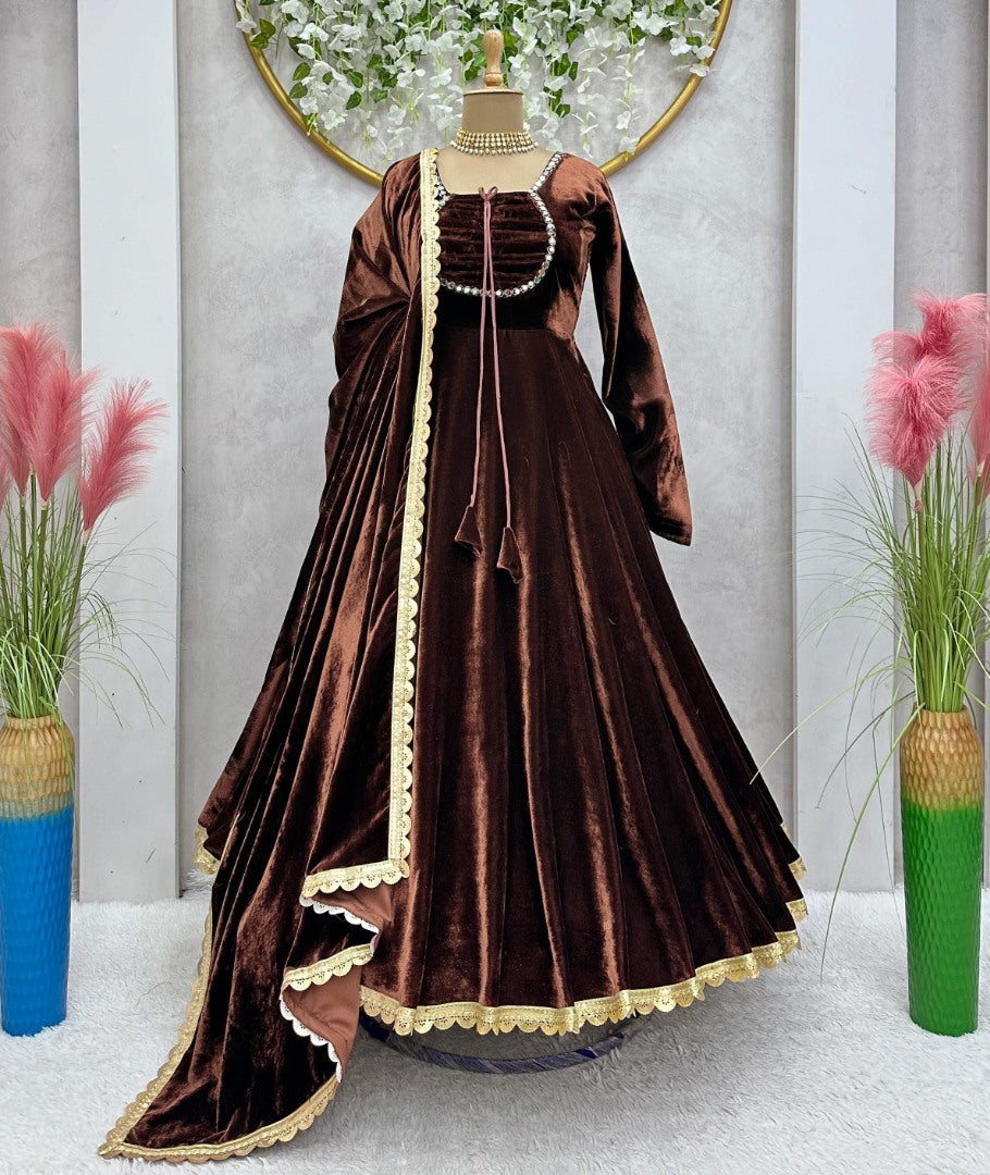 Coffee velvet party wear gown
