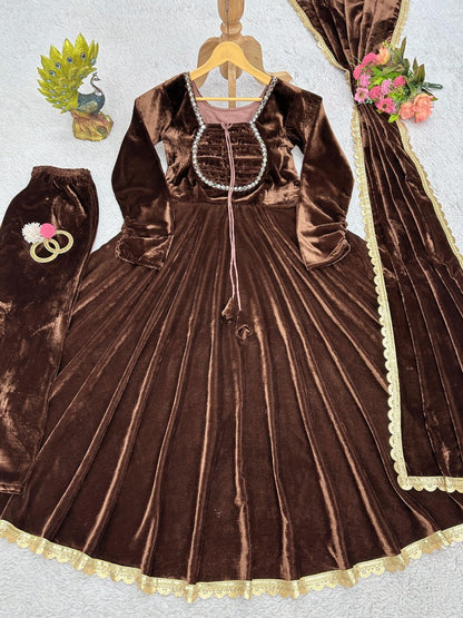 Coffee velvet party wear gown