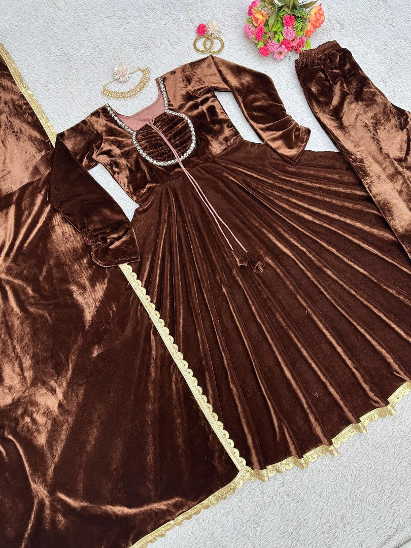 Coffee velvet party wear gown