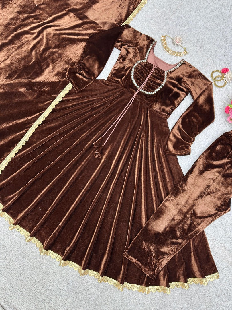 Coffee velvet party wear gown
