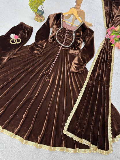 Coffee velvet party wear gown