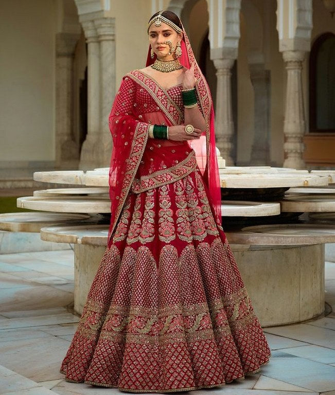 Coral red bridal lehenga choli dupatta set