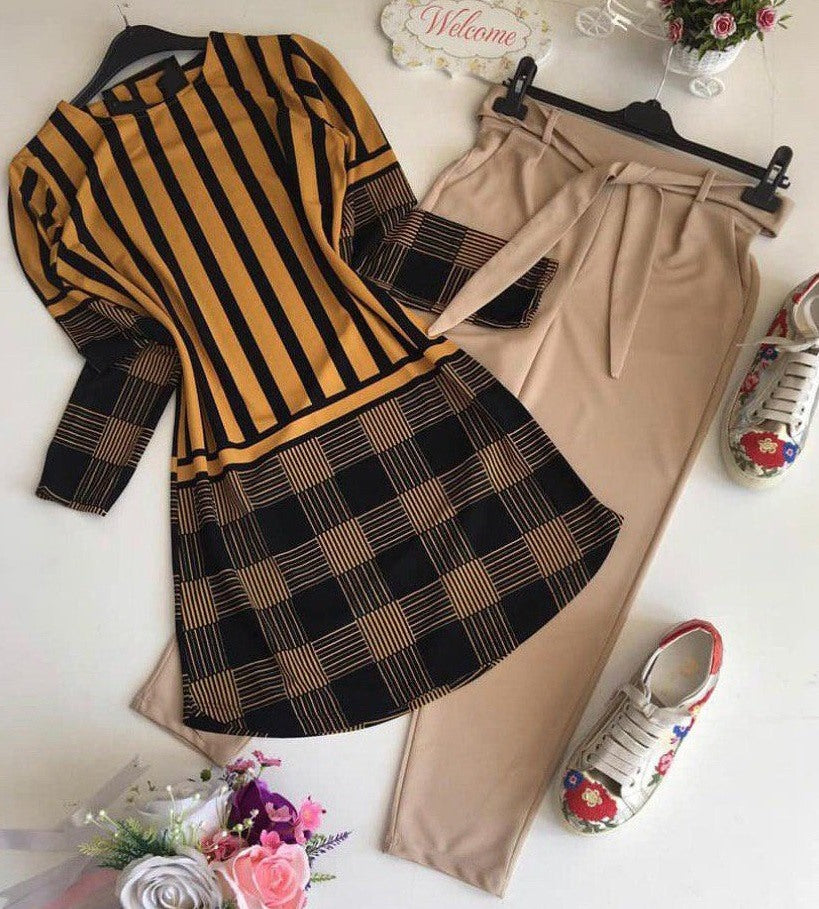 Cream american crepe printed plazzo pant kurti