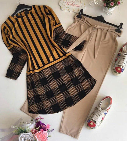 Cream american crepe printed plazzo pant kurti