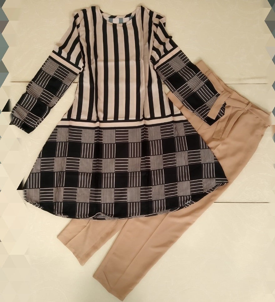 Cream american crepe printed plazzo pant kurti