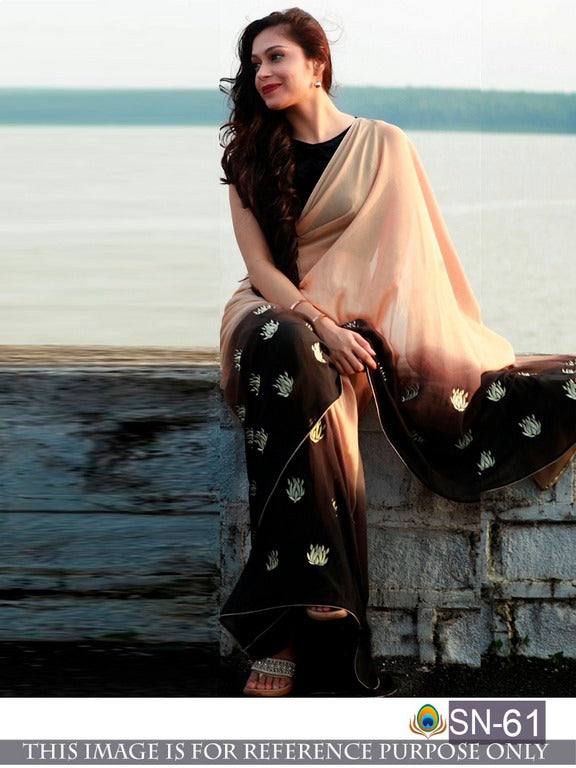 Cream and black embroidered partywear saree