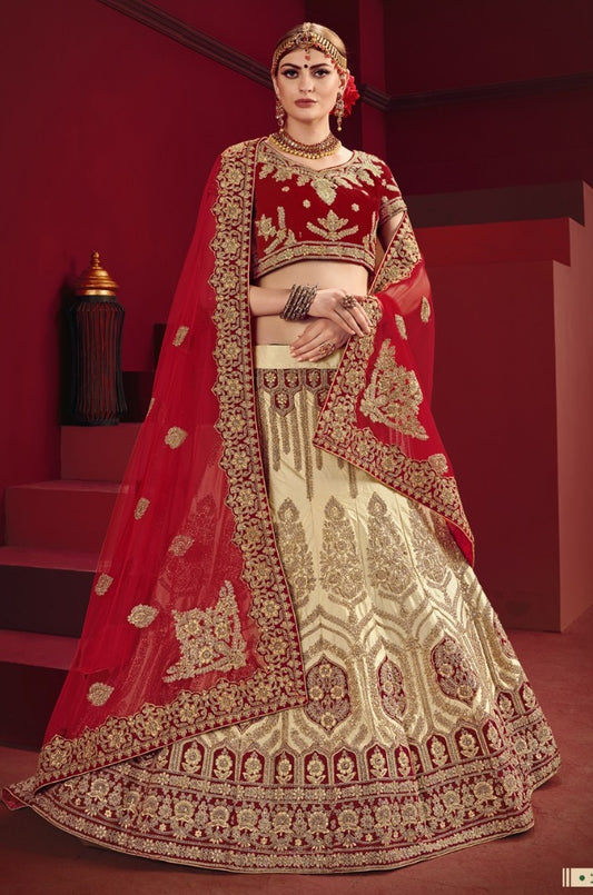 Cream and maroon heavy designer embroidered bridal lehenga choli