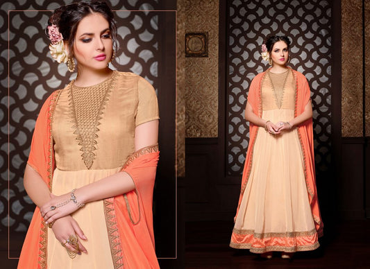 Cream & Peach Colored Santoon Thread & Jari Embroidery Semi Stitched Anarkali suit