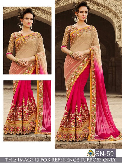 cream and pink spray georgette embroidered wedding saree