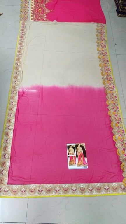 cream and pink spray georgette embroidered wedding saree