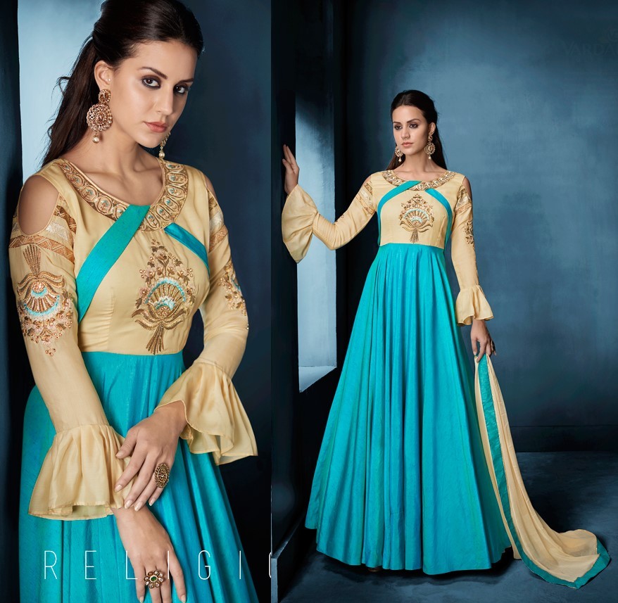 Cream & Sky blue Colored Soft tapeta Silk & C/N banarasi Silk Zari & Resham Embroidery with Stone and Moti Work Semi Stitched gown