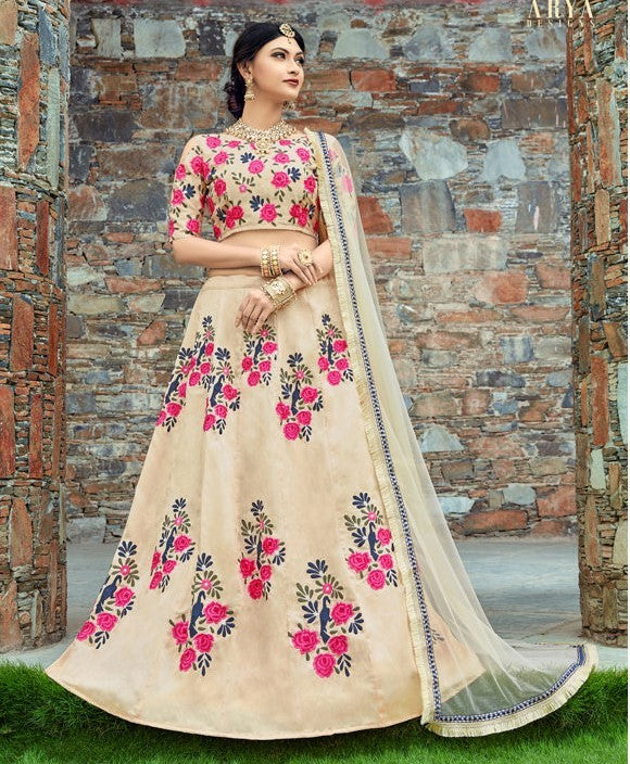 cream art silk embroidered ceremonial lehenga