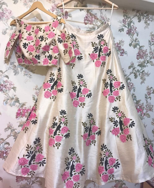 cream art silk pink floral embroidered ceremonial lehenga