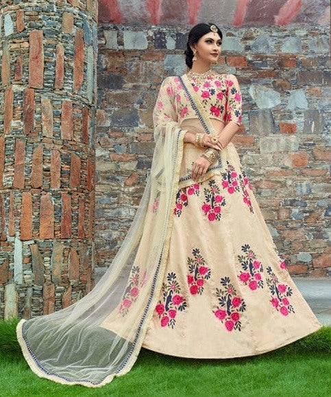 cream art silk pink floral embroidered ceremonial lehenga
