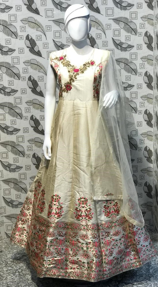 cream bamboo silk jardoshi pearl and crystal handwork wedding anarkali suit