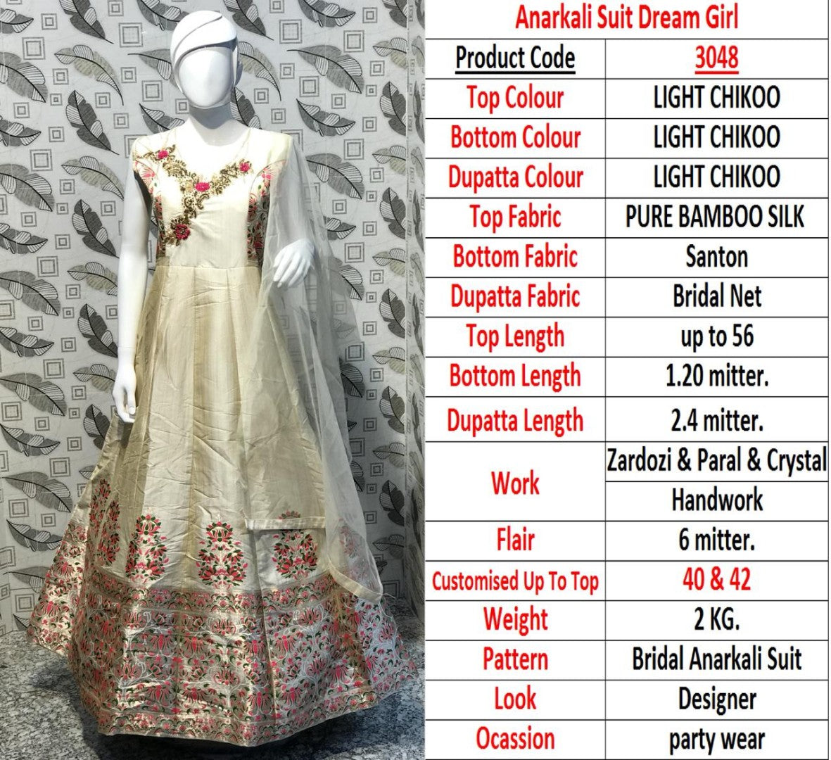 cream bamboo silk jardoshi pearl and crystal handwork wedding anarkali suit