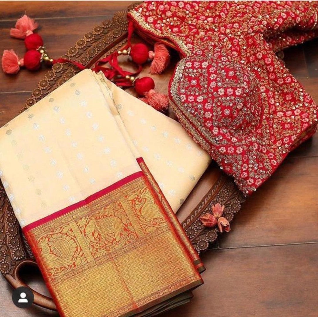 Cream banarasi silk jacquard work saree