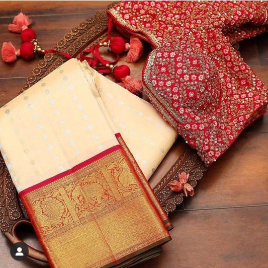 Cream banarasi silk jacquard work saree