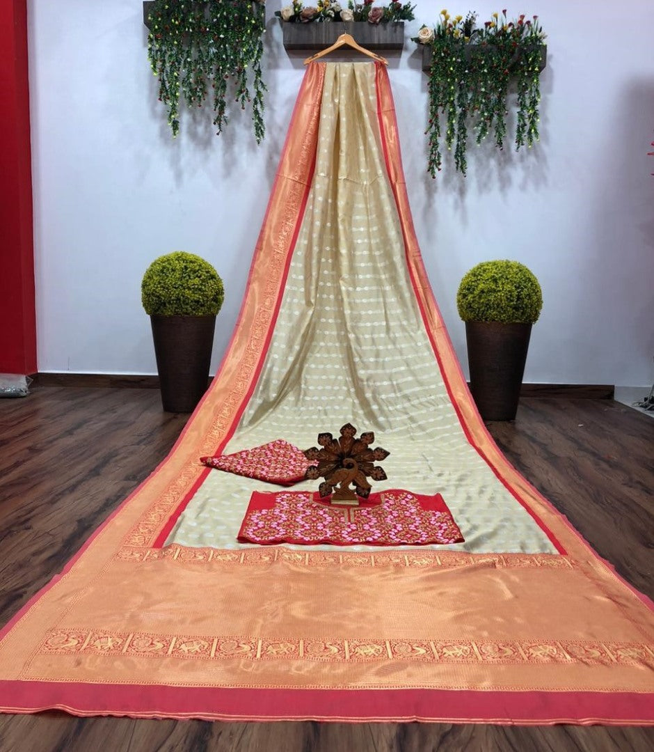 Cream banarasi silk jacquard work saree