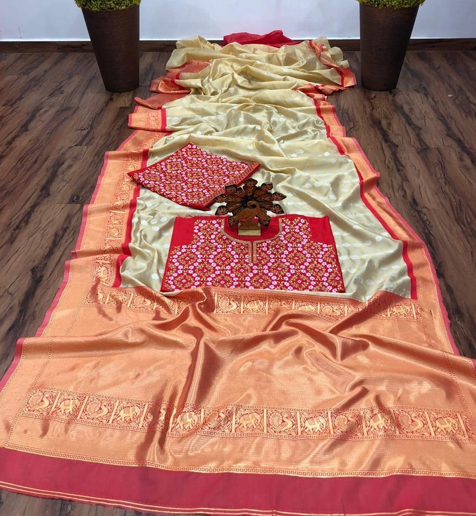 Cream banarasi silk jacquard work saree