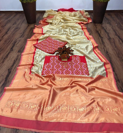 Cream banarasi silk jacquard work saree