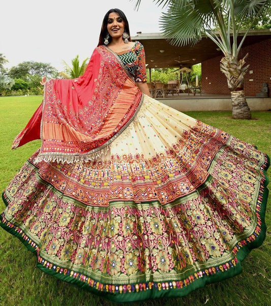 Cream butter silk digital printed and mirror work navratri garba lehenga choli