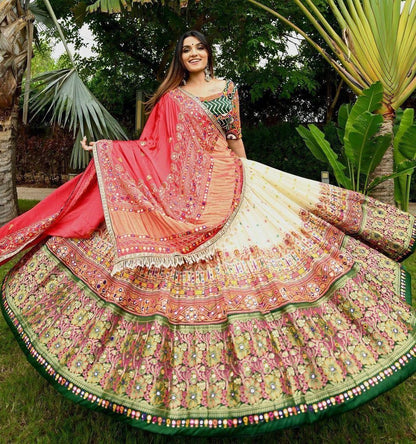 Cream butter silk digital printed and mirror work navratri garba lehenga choli