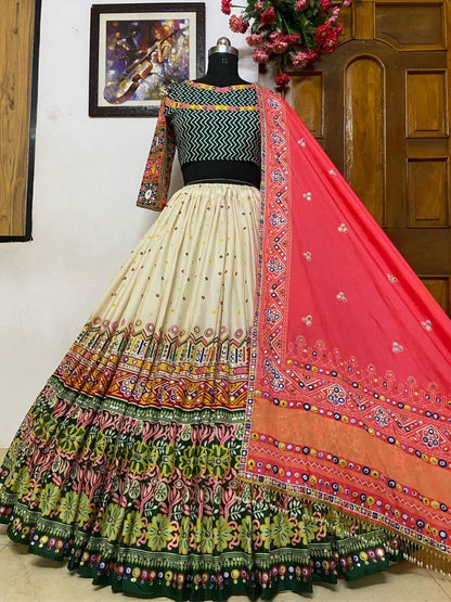 Cream butter silk digital printed and mirror work navratri garba lehenga choli