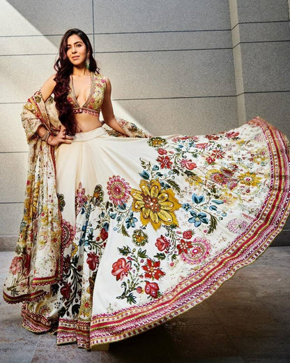 Cream butter silk digital printed mirror work wedding lehenga choli