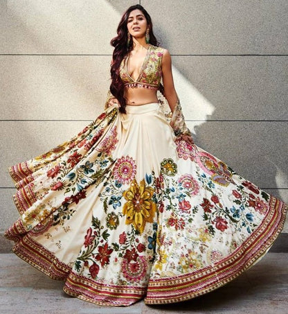 Cream butter silk digital printed mirror work wedding lehenga choli
