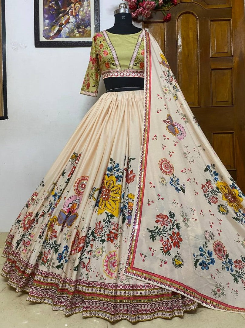 Cream butter silk digital printed mirror work wedding lehenga choli