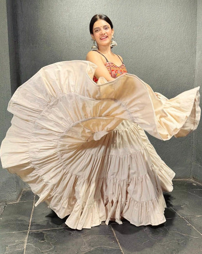 Cream butter silk heavy flair crop top lehenga for navratri