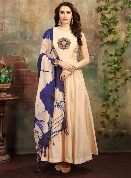 cream chanderi silk handworked anarkali suit