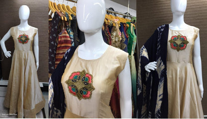 cream chanderi silk handworked anarkali suit