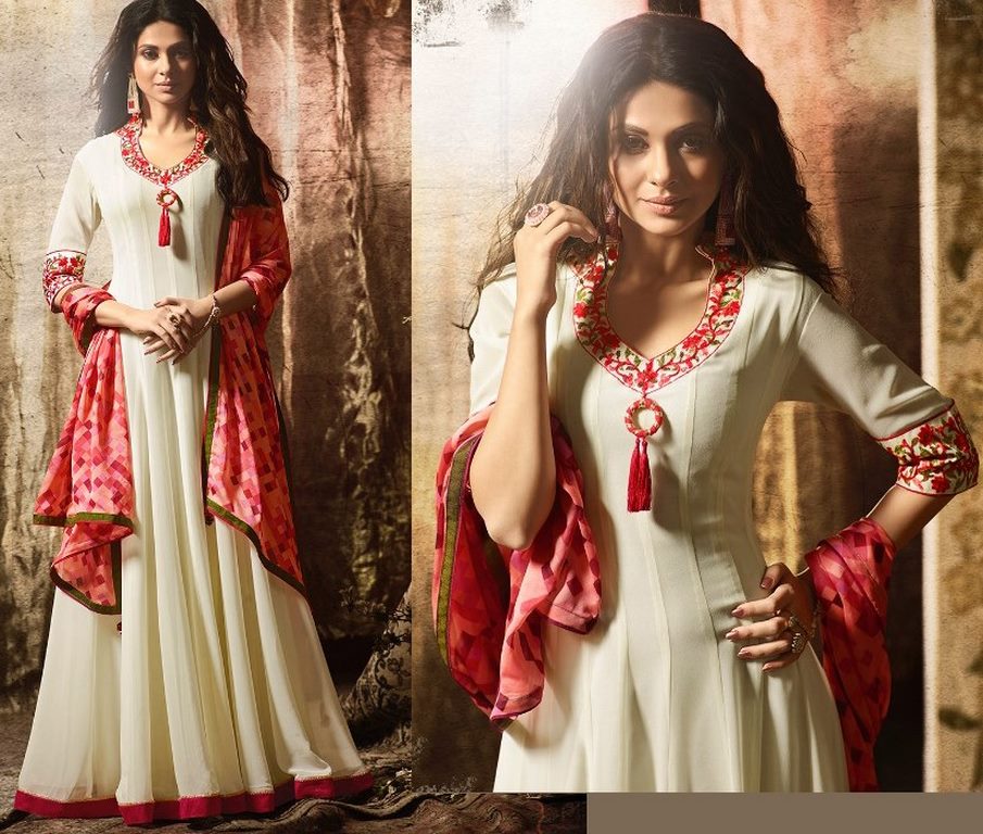 Cream Colored Georgette Embroidered Semi Stitched anarkali Suit