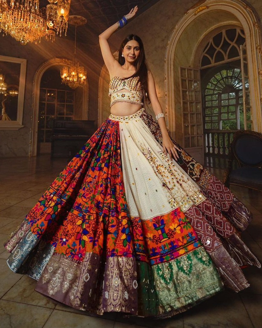 Cream cotton print mirror work gujarati garba navratri lehenga chaniya choli