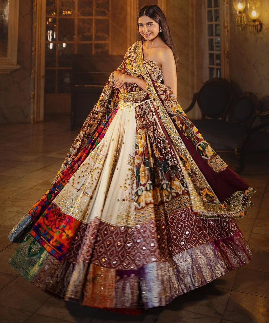 Cream cotton print mirror work gujarati garba navratri lehenga chaniya choli